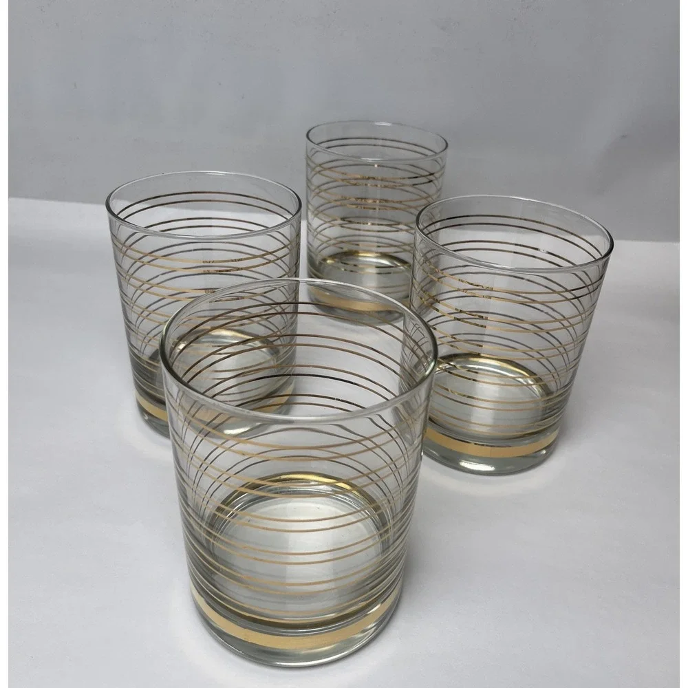 Shelton Ware On the Rocks Glasses Set of 4 Clear w/ Gold Stripe 80's Vintage Bar